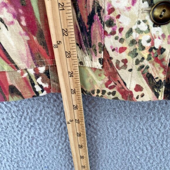 Chicos Jacket Womens 1 US Medium Green Red Multi Animal Print Shimmer Button Up - Picture 8 of 9